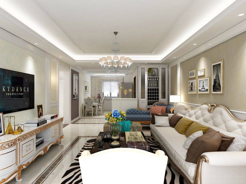 奉贤区棕榈滩海景城92平欧式风格两室户装修效果图