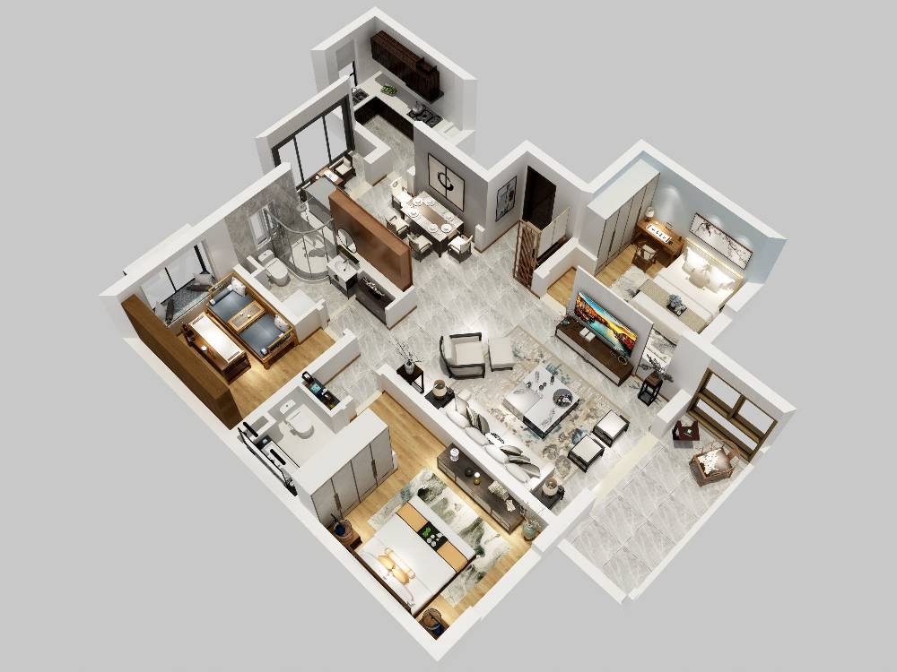 浦东爵仕悦恒大国际公寓110平中式风格三室户装修效果图