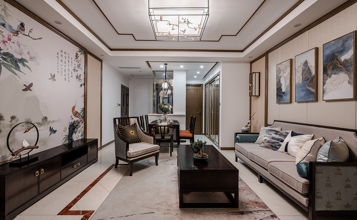 闵行区紫欣公寓85平新中式风格两室一厅装修效果图