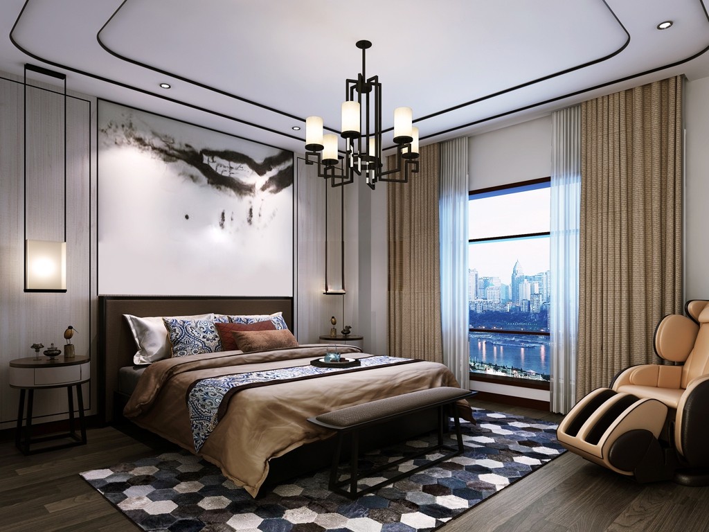 嘉定区绿洲香格丽430平新中式风格联排别墅卧室装修效果图