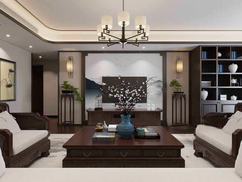 上海莱诗邸120平新中式风格住宅客厅装修效果图