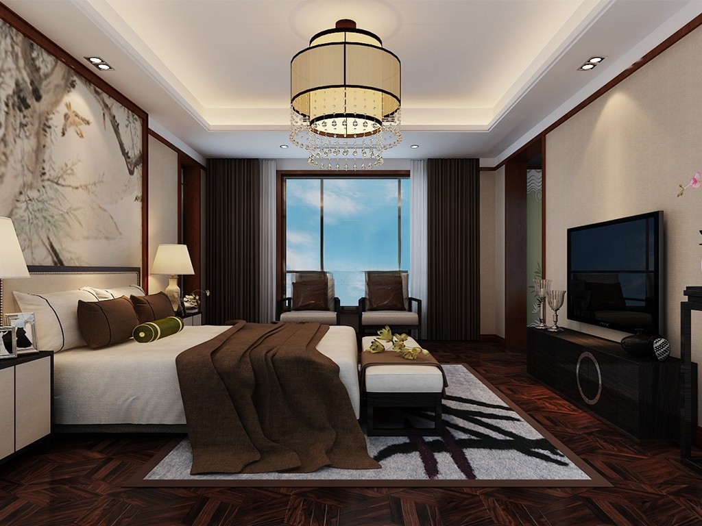 杨浦区上海院子430平新中式风格独栋别墅卧室装修效果图