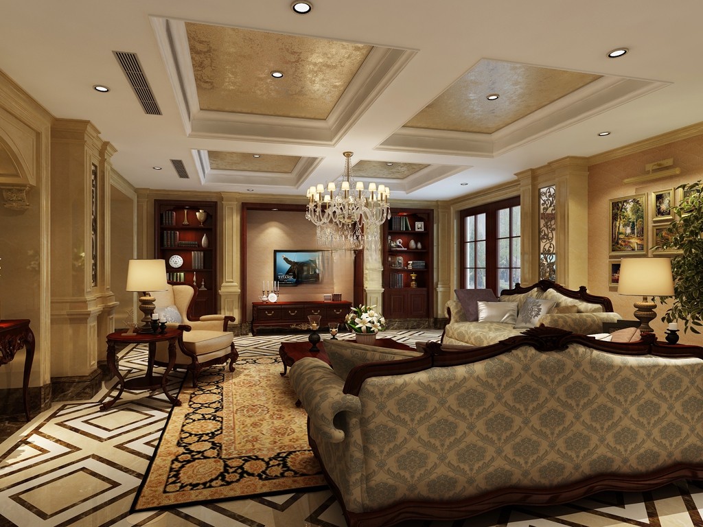 嘉定区西上海君庭600平美式风格独栋别墅客厅装修效果图