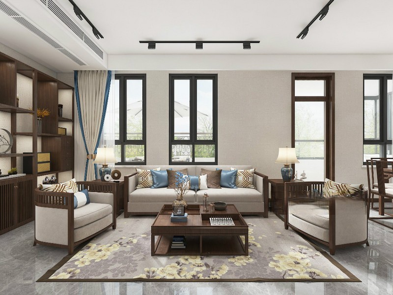 上海宫园巧筑148平新中式风格复式客厅装修效果图