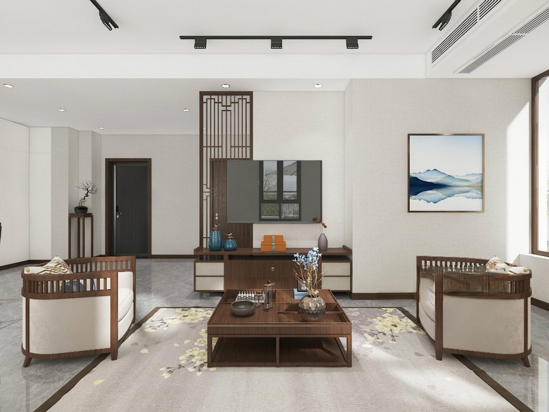 上海宫园巧筑148平新中式风格复式客厅装修效果图