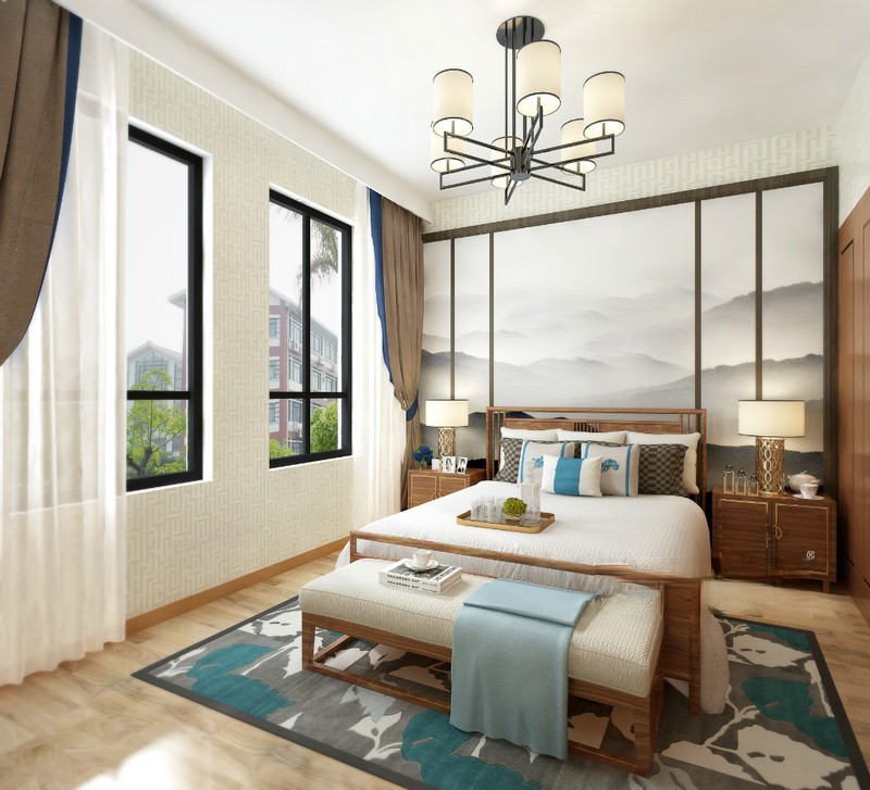 上海宫园巧筑148平新中式风格复式卧室装修效果图