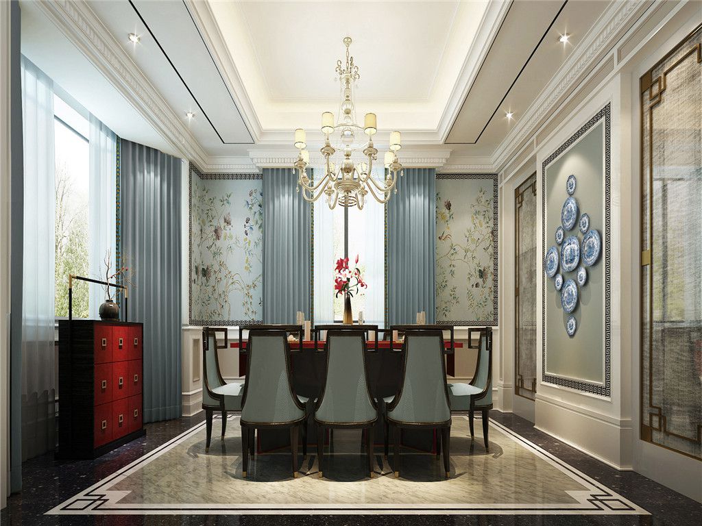 浦东御翠园480平新中式风格独栋别墅餐厅装修效果图
