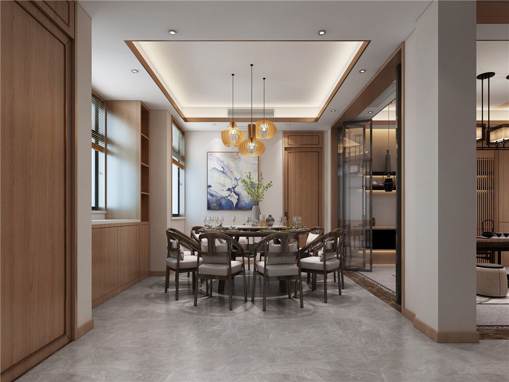 苏州水晶湖畔三千院500平新中式风格独栋别墅餐厅装修效果图