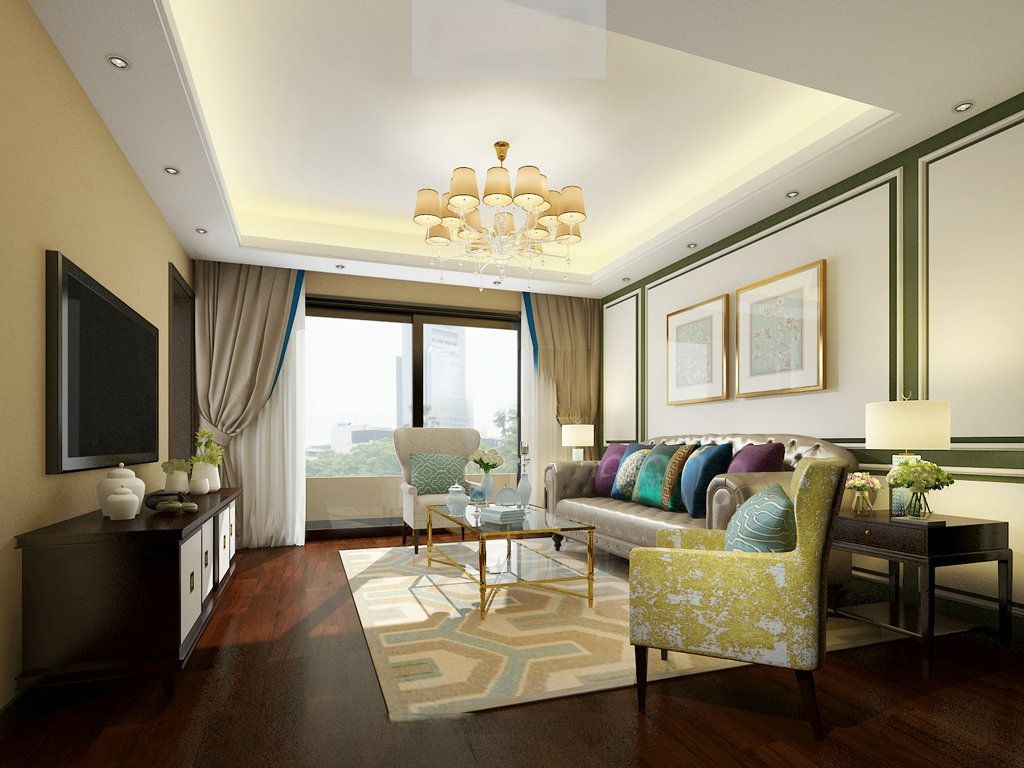 静安区青蓝国际141平美式风格公寓客厅装修效果图