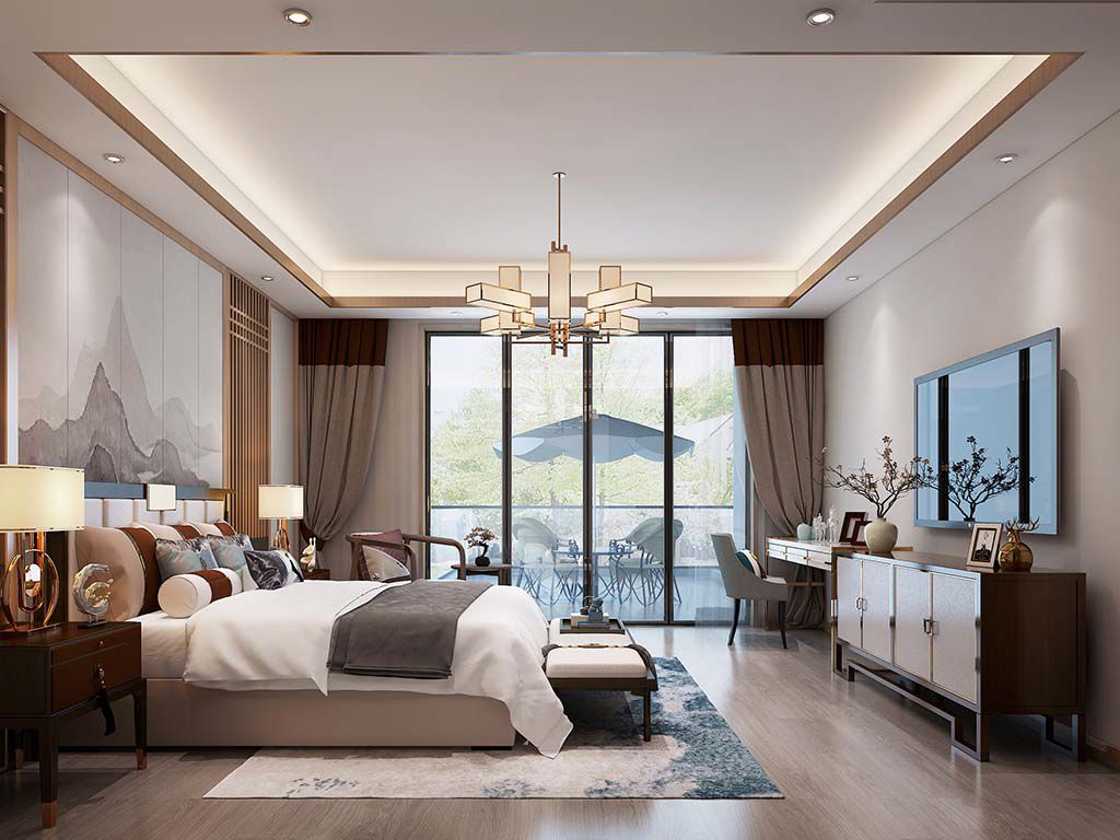 苏州水晶湖畔三千院500平新中式风格独栋别墅卧室装修效果图