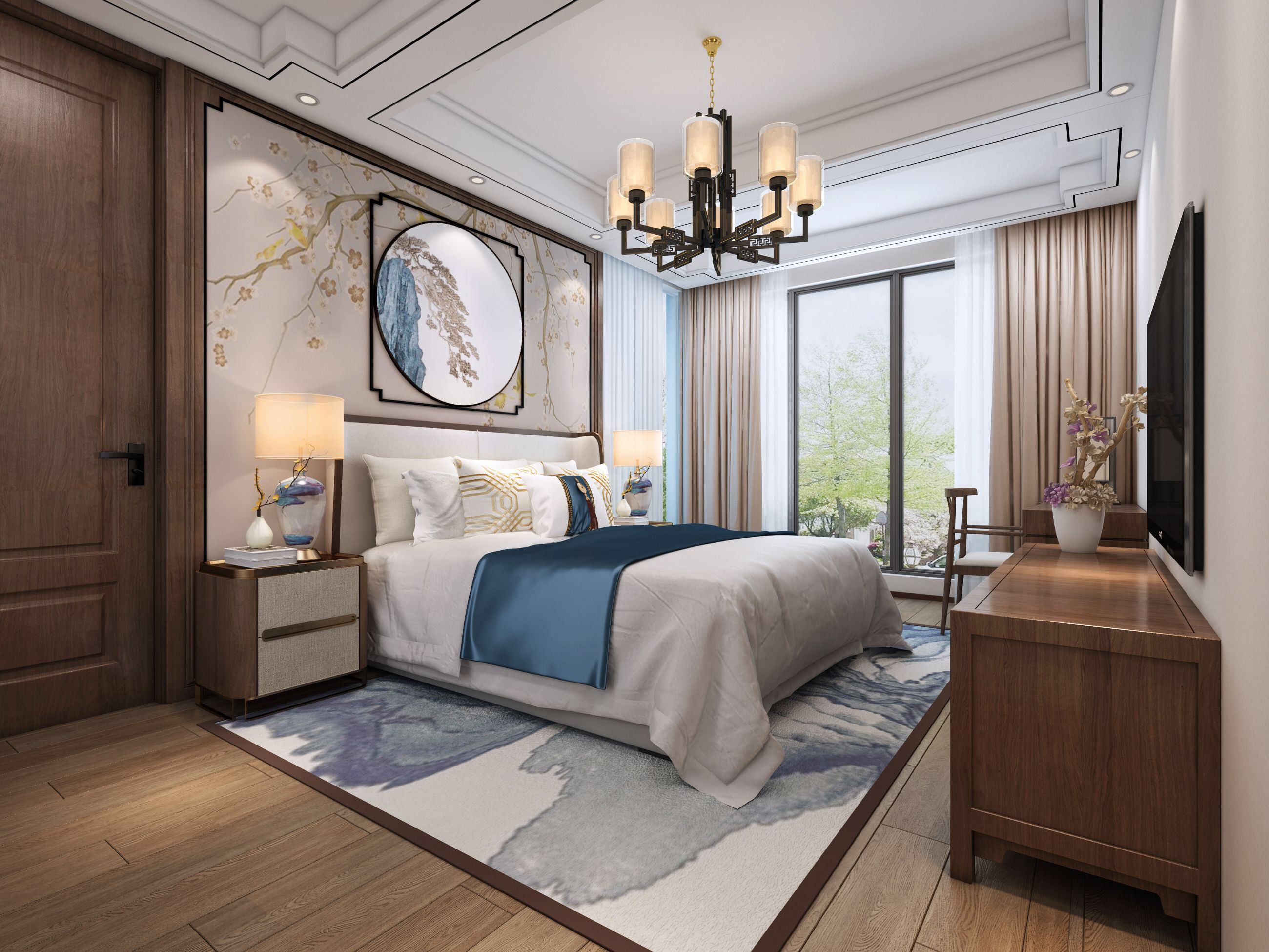 宝山区雍和府200平新中式风格联排别墅卧室装修效果图