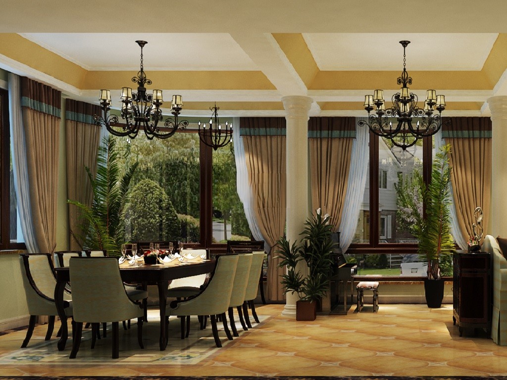 长宁区田园别墅420平美式风格联排别墅餐厅装修效果图