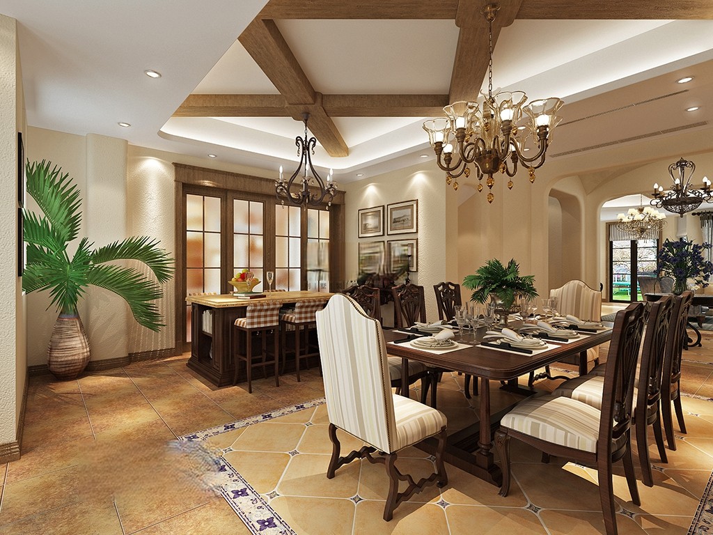 浦东中金海棠湾560平美式风格独栋别墅餐厅装修效果图