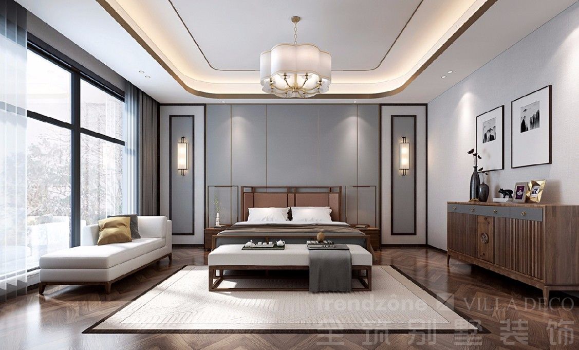 普陀区中海紫御豪庭680新中式别墅卧室装修效果图