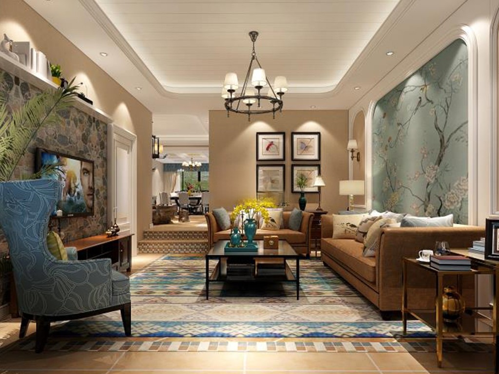 金山区320平美式风格独栋别墅客厅装修效果图