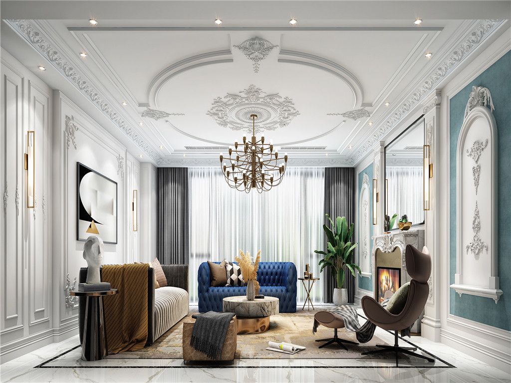 昆山绿城玫瑰园300平欧式风格独栋别墅客厅装修效果图