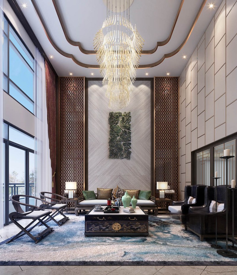 上海美锦云天800平新中式风格别墅客厅装修效果图