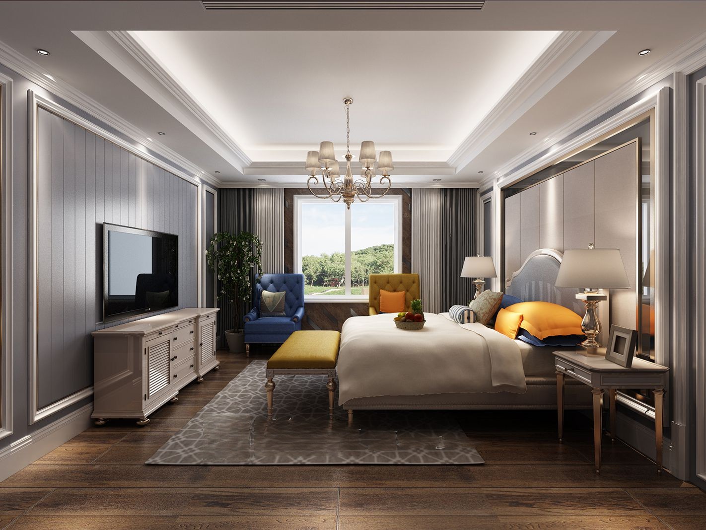 浦东东郊半岛300平现代风格独栋别墅卧室装修效果图
