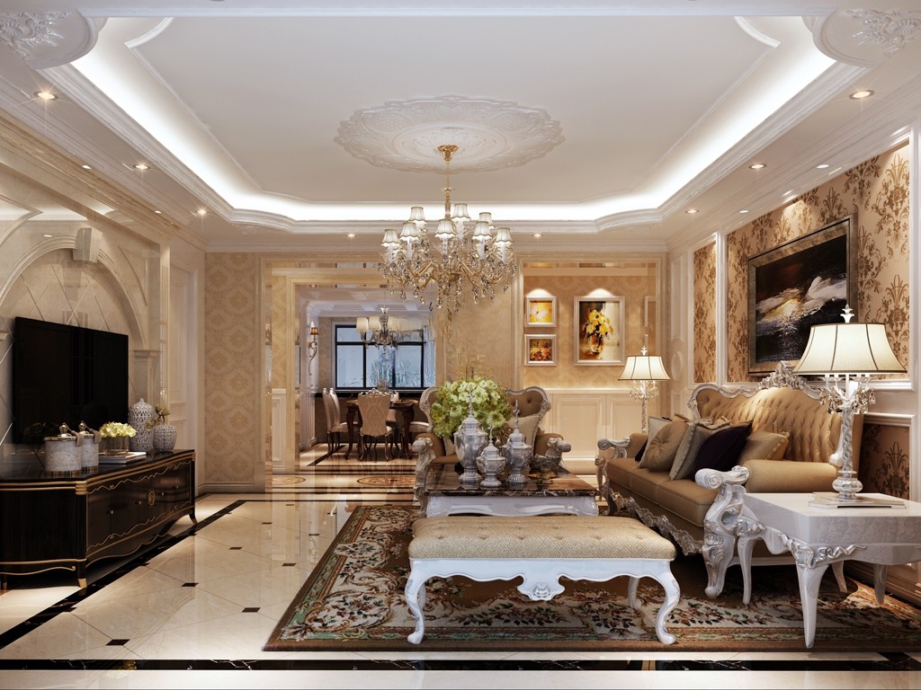徐汇区尚海湾豪庭200平欧式风格大平层客厅装修效果图