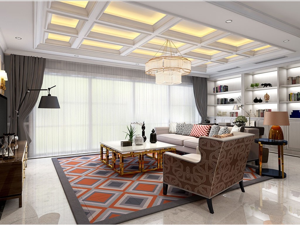 松江区誉品原墅200平美式风格大平层客厅装修效果图
