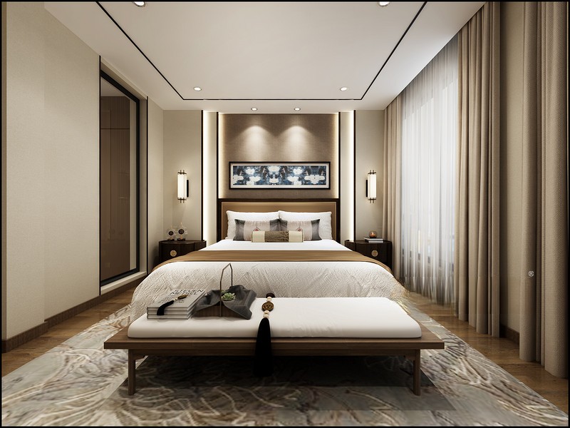 上海新城观澜府210平新中式风格别墅卧室装修效果图