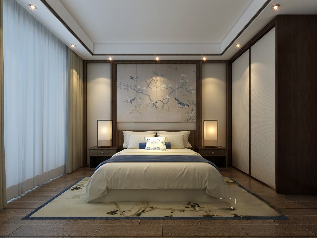 青浦区融信铂湾240平新中式风格叠加别墅卧室装修效果图