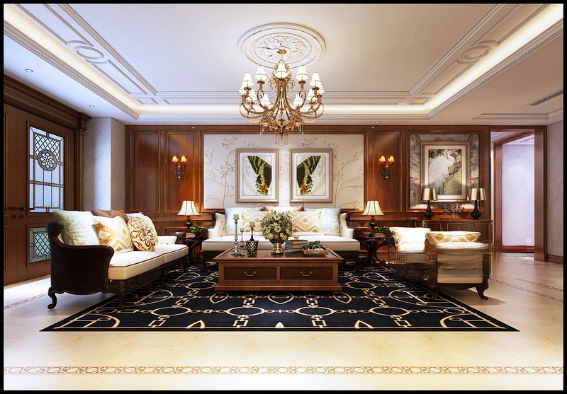 上海英庭名墅300平新中式风格别墅客厅装修效果图
