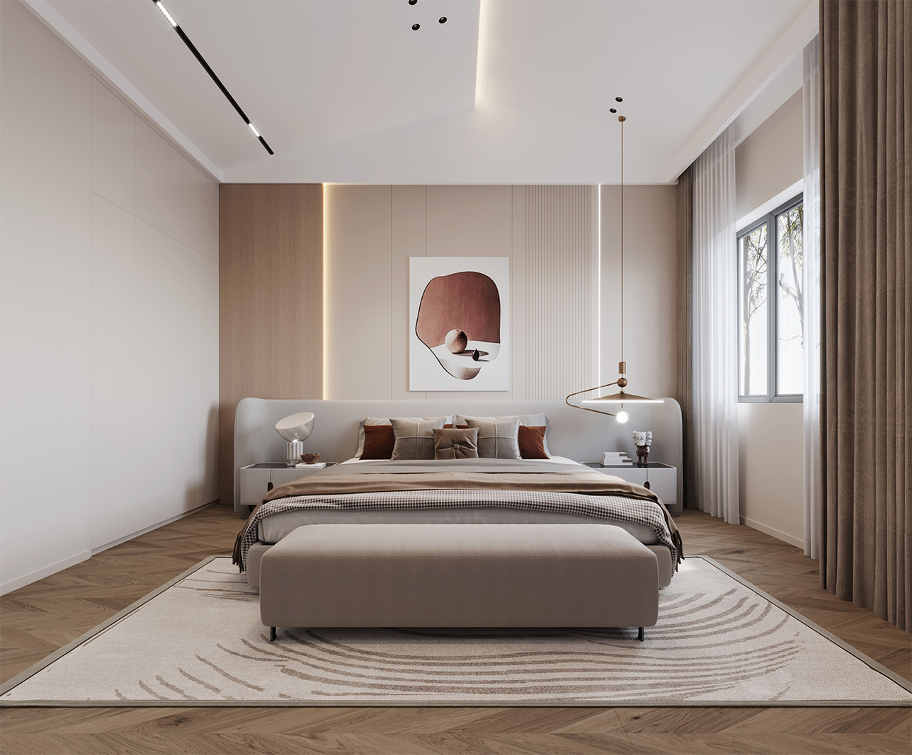 浦东银都名墅300平现代风格联排别墅卧室装修效果图