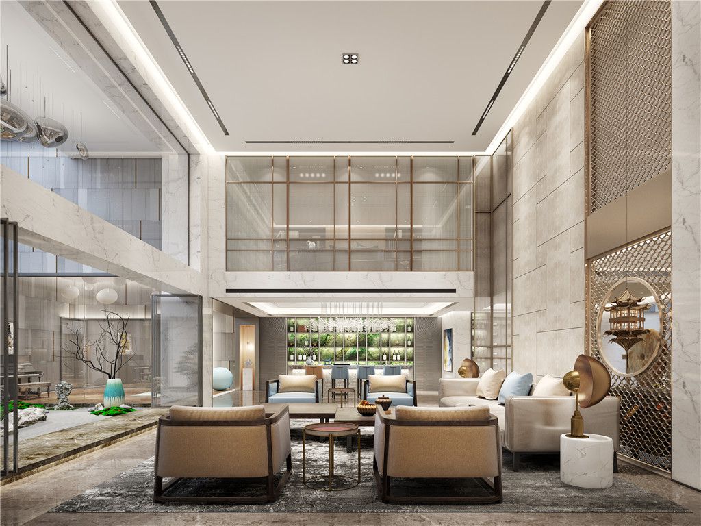 闵行区桃花源700平新中式风格独栋别墅客厅装修效果图