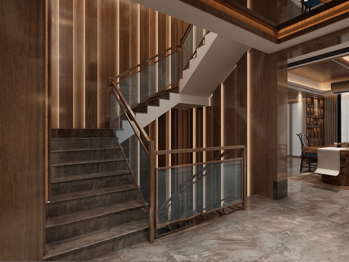 嘉定区铂悦西郊1000平新中式风格独栋别墅楼梯装修效果图