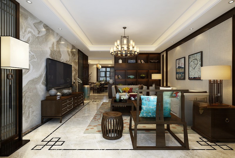 上海凯佳尊品国际110平新中式风格三居室客厅装修效果图