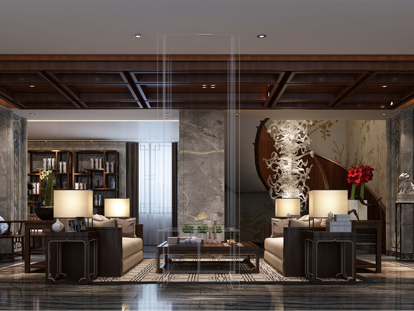 嘉定区200平新中式风格独栋别墅客厅装修效果图