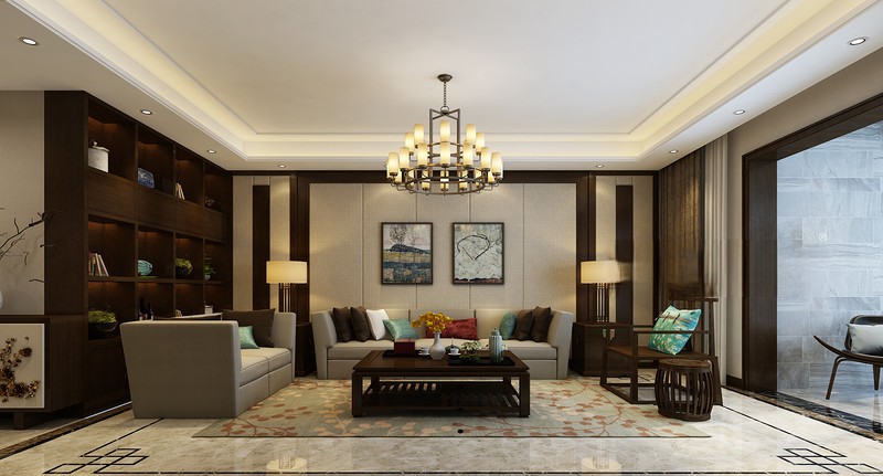 上海凯佳尊品国际110平新中式风格三居室客厅装修效果图
