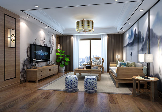 杨浦区新江湾戎泽苑130平新中式风格公寓装修效果图