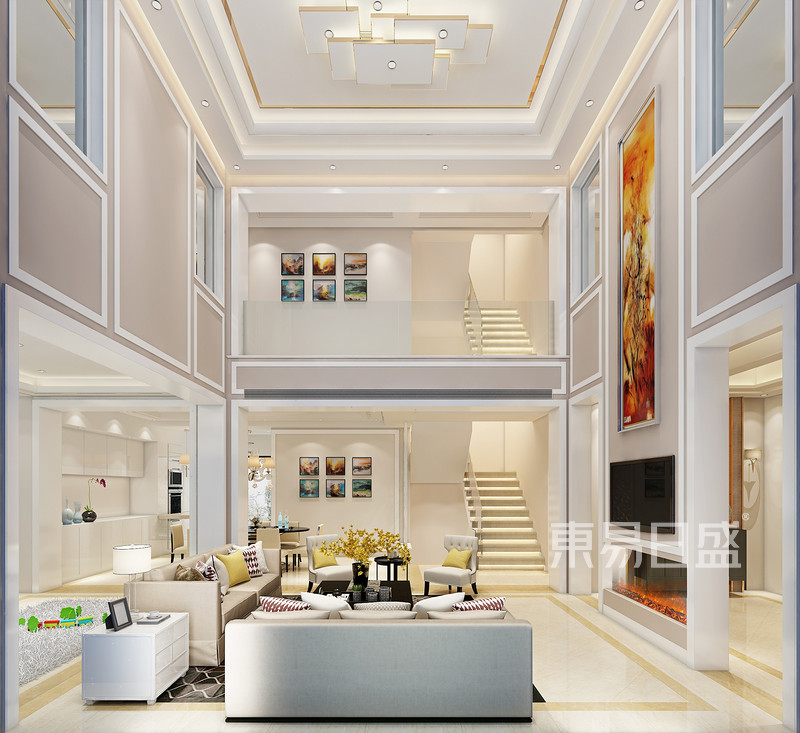 上海阳光城花满墅700平美式风格别墅客厅装修效果图