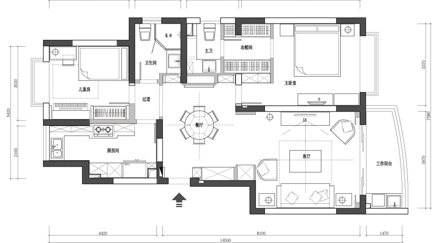浦东新区万科悦城118平美式风格三室两厅装修效果图