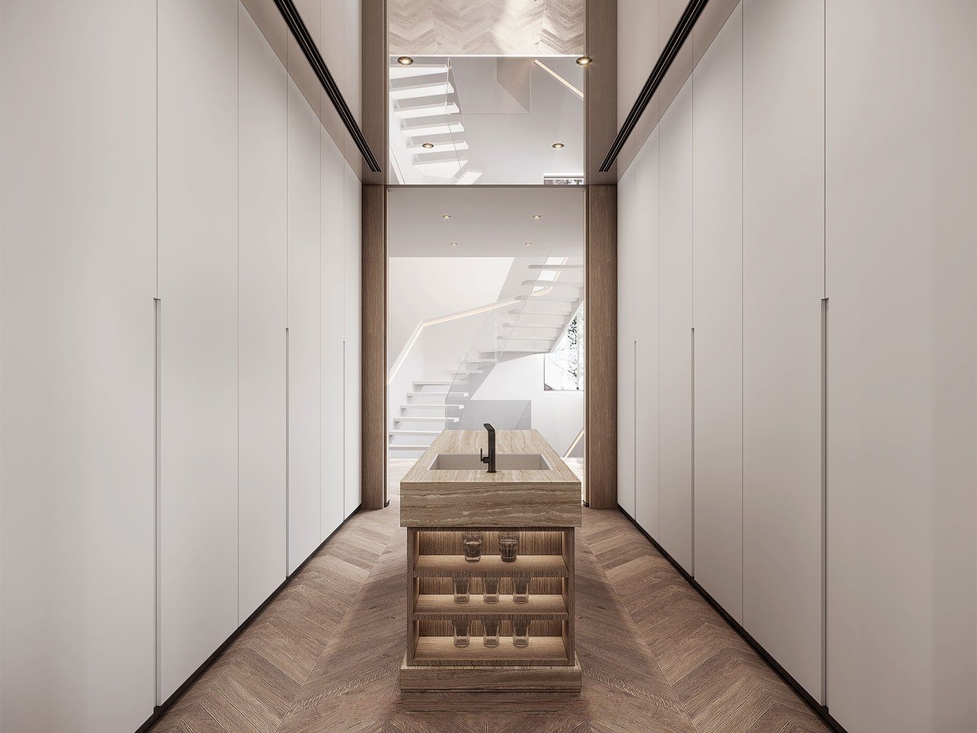 嘉定区莱茵半岛220平现代极简风格独栋别墅走廊装修效果图
