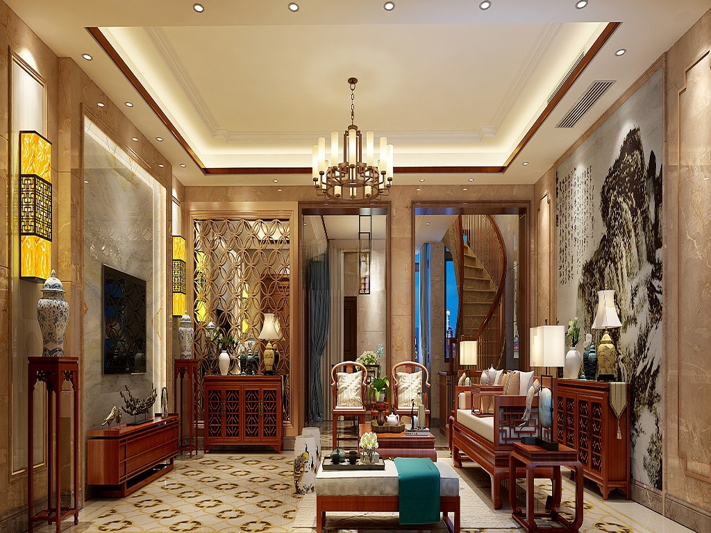 奉贤区天和尚海格调300平新中式风格联排别墅客厅装修效果图