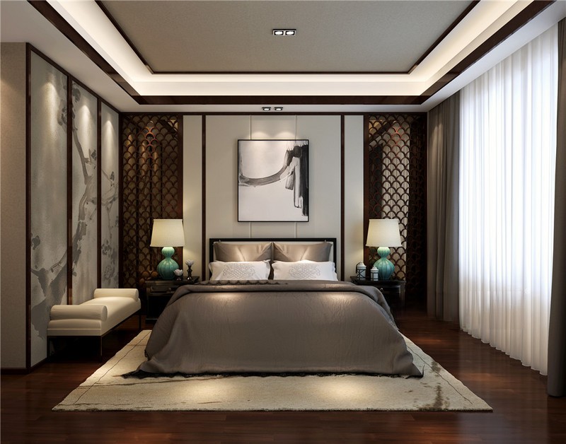 上海森兰明轩140平新中式风格住宅卧室装修效果图
