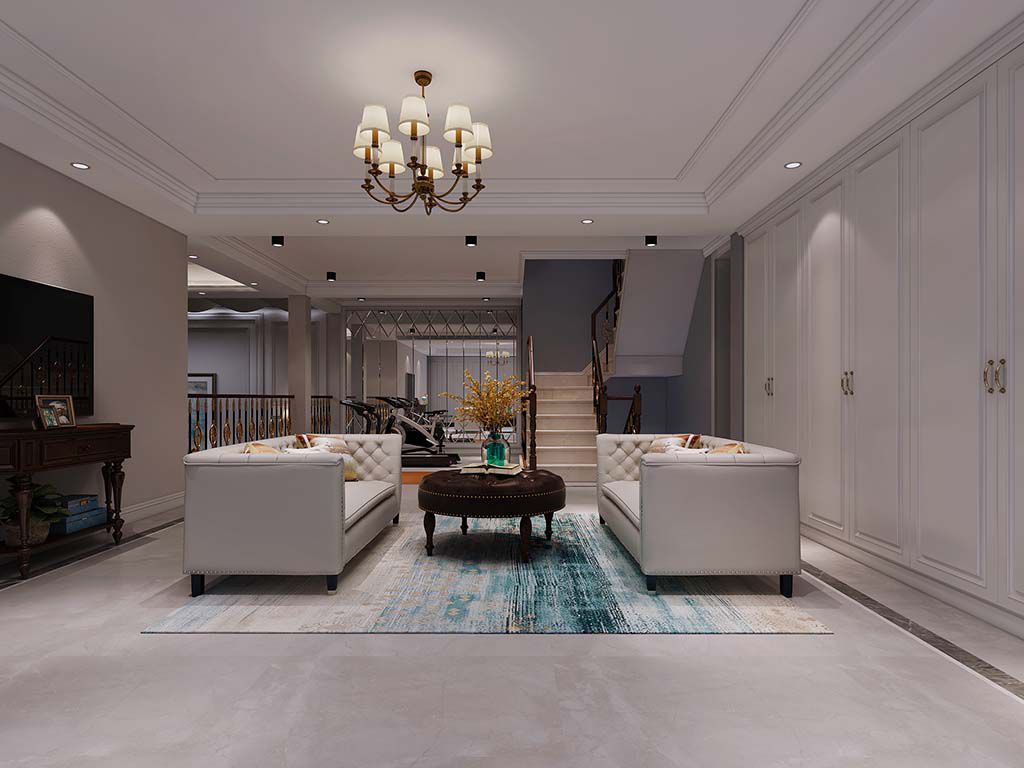 嘉定区波恩风情一期300平美式风格联排别墅客厅装修效果图