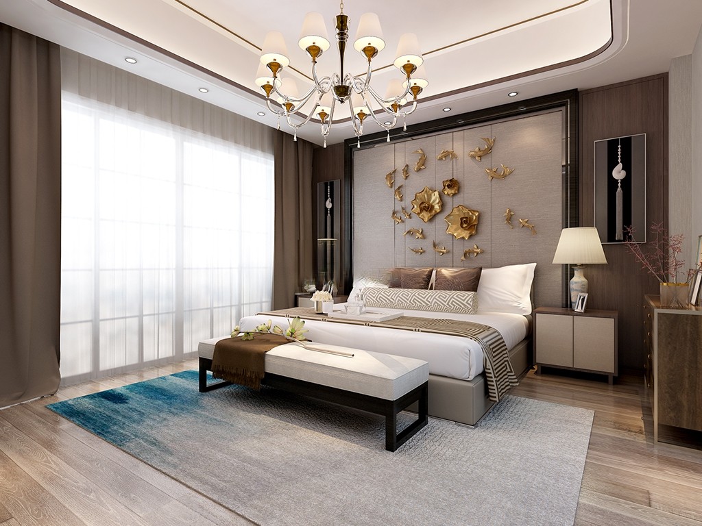 松江区法兰西世家450平新中式风格联排别墅卧室装修效果图