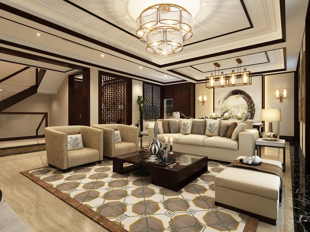 杨浦区上海院子450平新中式风格独栋别墅客厅装修效果图