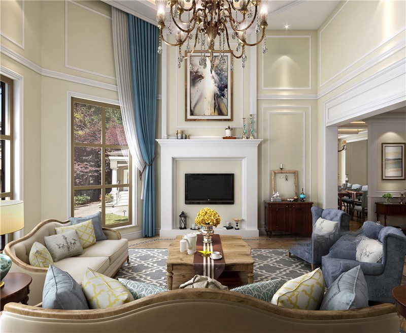 上海香水湾500平美式风格别墅客厅装修效果图