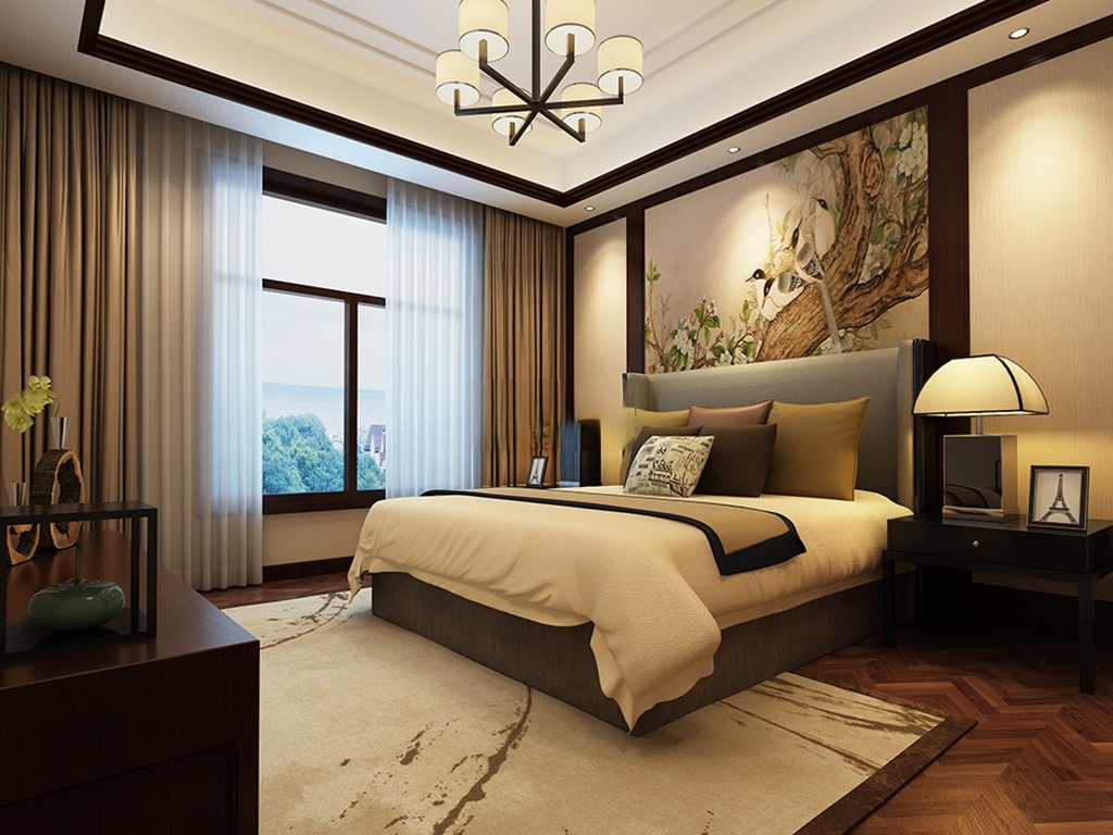 杨浦区上海院子450平新中式风格独栋别墅卧室装修效果图