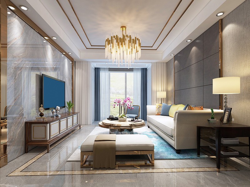 上海中建锦绣天地125平轻奢风格住宅客厅装修效果图