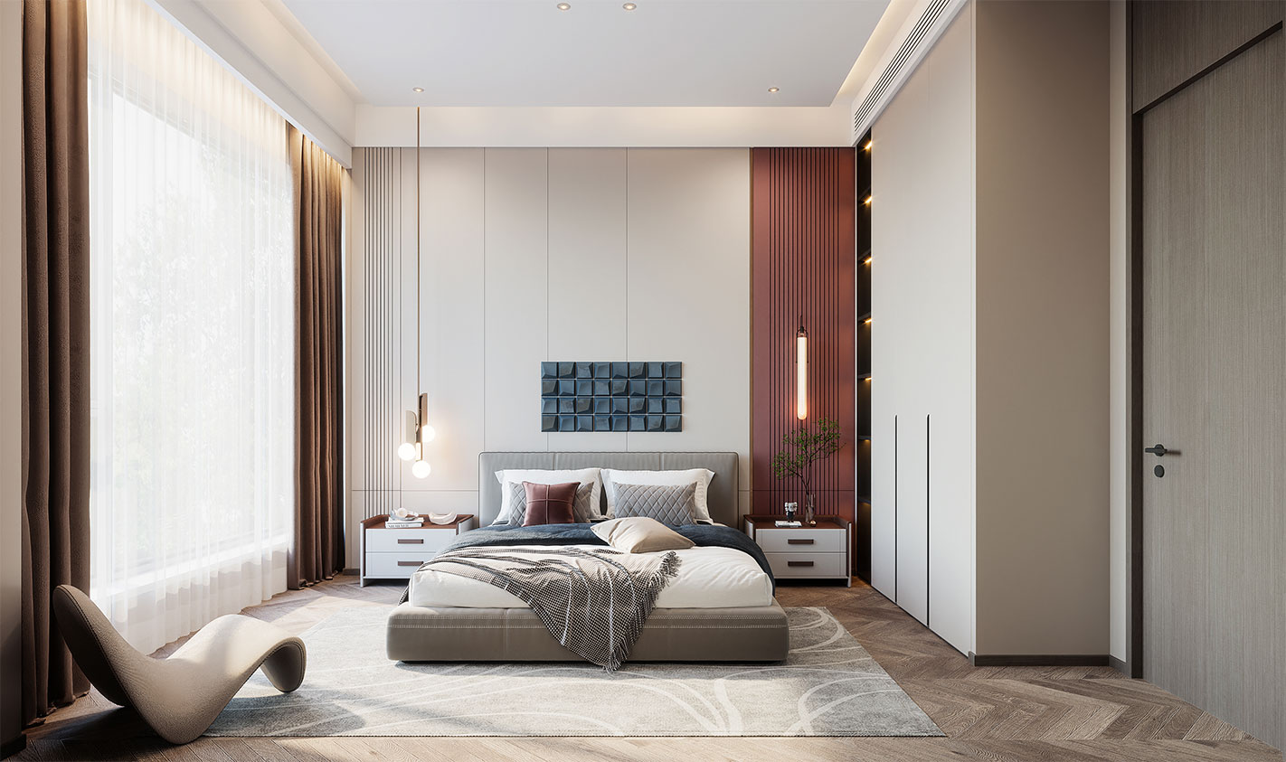 浦东中邦晶座250平现代风格叠加别墅卧室装修效果图