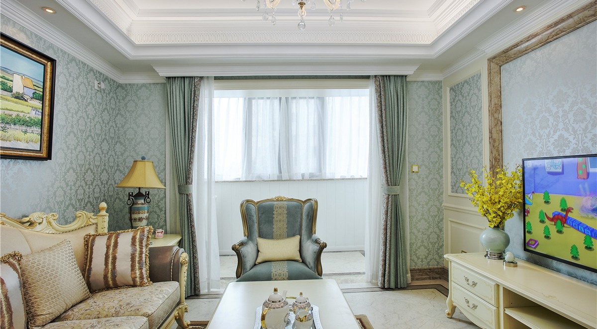 闵行区西郊庄园马德里洋房104平欧式风格两室两厅装修效果图