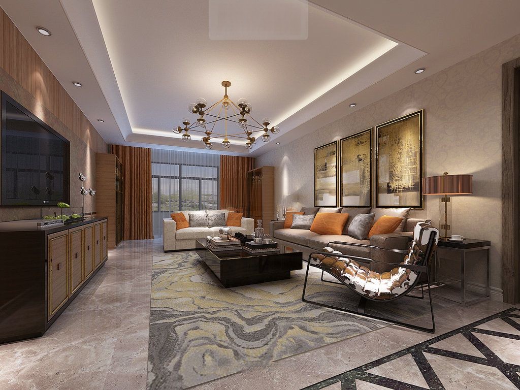虹口区瑞虹新城120平新中式风格公寓客厅装修效果图