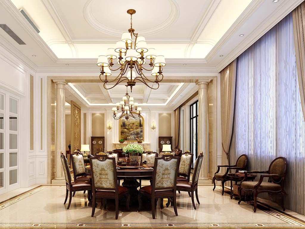 浦东东郊罗兰700平美式风格独栋别墅餐厅装修效果图