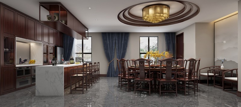 上海崇明自建独栋别墅500平新中式风格别墅餐厅装修效果图